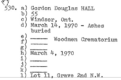 Gordon Douglas HALL 1915-1970 Lot 11 Grave 2nd N.W., SMACW Cemetery, Walkerville, ON