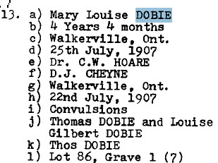 Mary Louise DOBIE 1903-1907 Lot 86 Grave 1