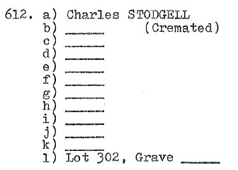 Charles STODGELL Lot 302 cremation