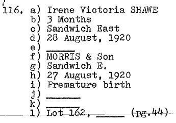 Irene Victoria SHAWE (baby) 1920 Lot 162