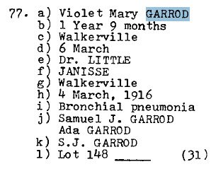Violet Mary GARROD 1915-1916 Lot 148 SMACW Cemetery